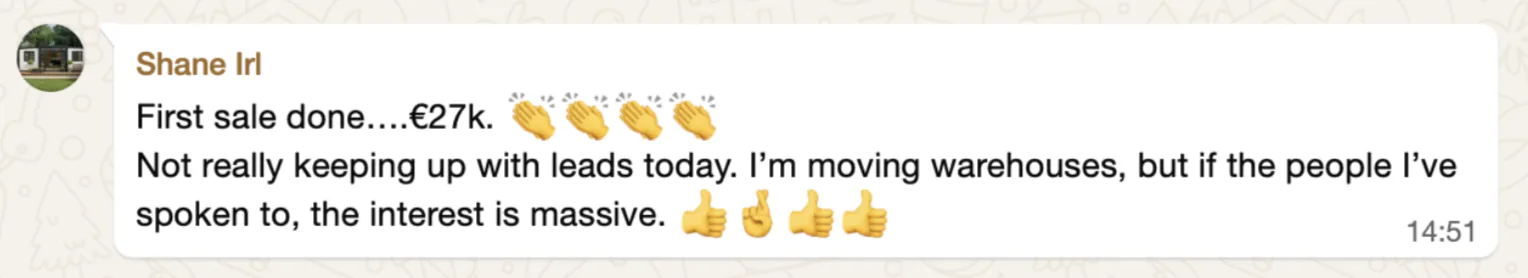 Partner message: first sale done, 27k euro